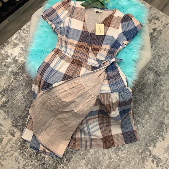NEW! Blue Plaid Side Fold Over Dress - Picture 4 of 6